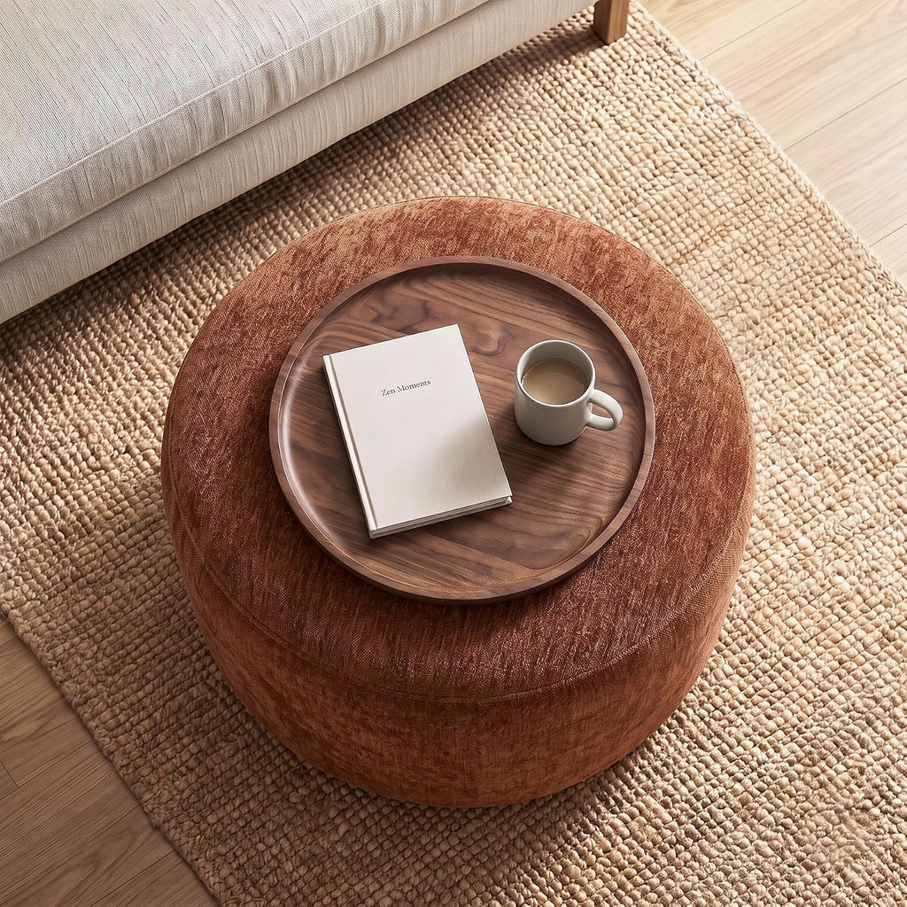 Upholstered Round Pouf Ottoman, Modern Footstool, Orange-Brown | Small Chenille Footrest with Soft Padded Seat & Wood