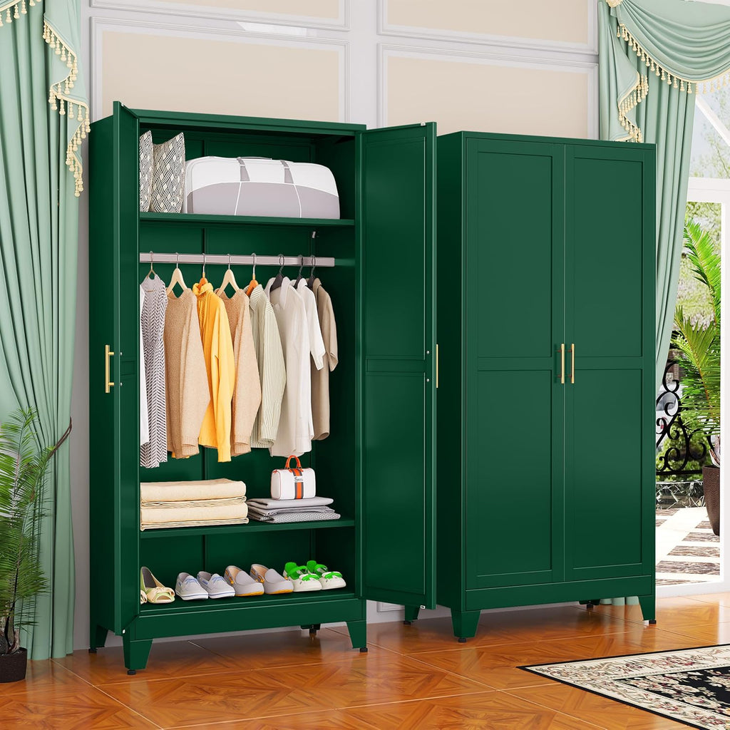 Metal Wardrobe Cabinet with Hanging Rod, Clothing Storage Cabinets | with 2 Doors and Adjustable Shelves, 71" Metal