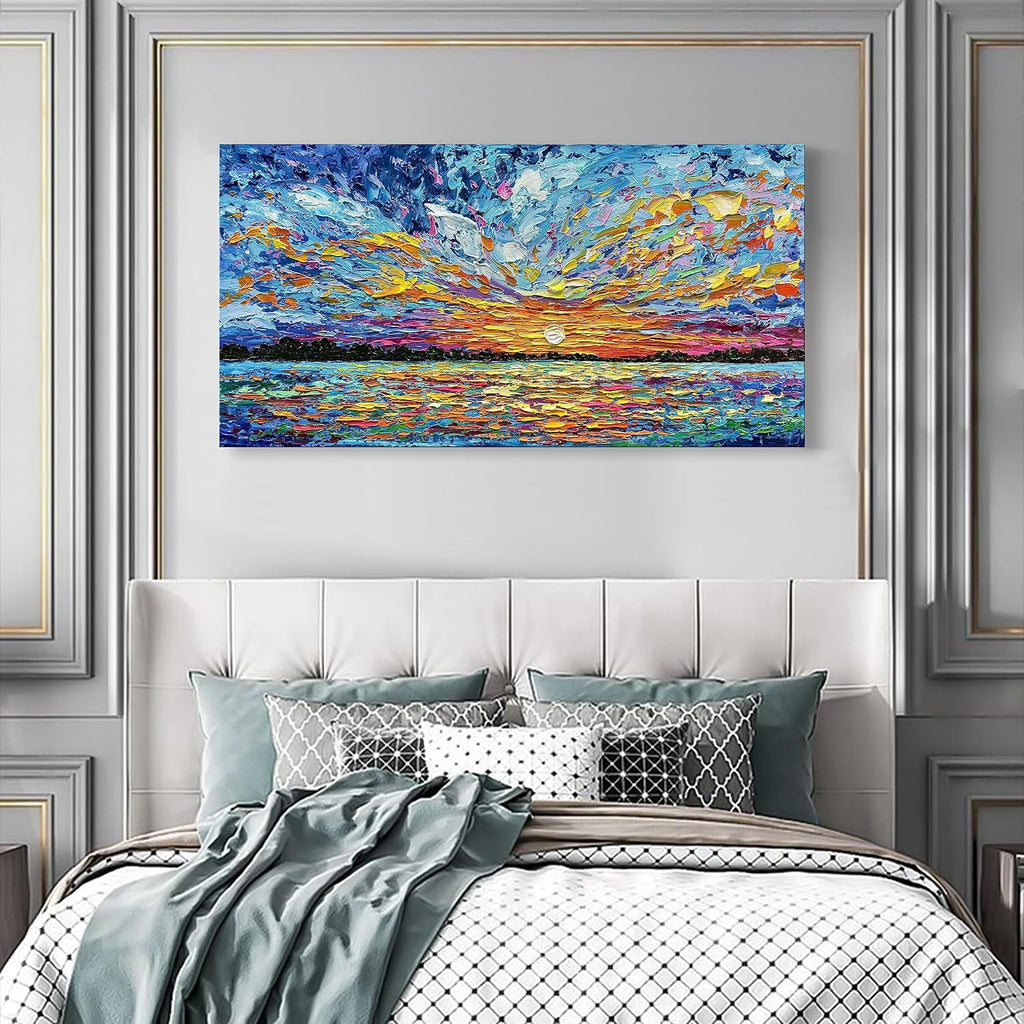 Art Hand-painted Sea Sunrise landscape Modern Abstract Oil painting Large Canvas Art Hall Bedroom Office Wall