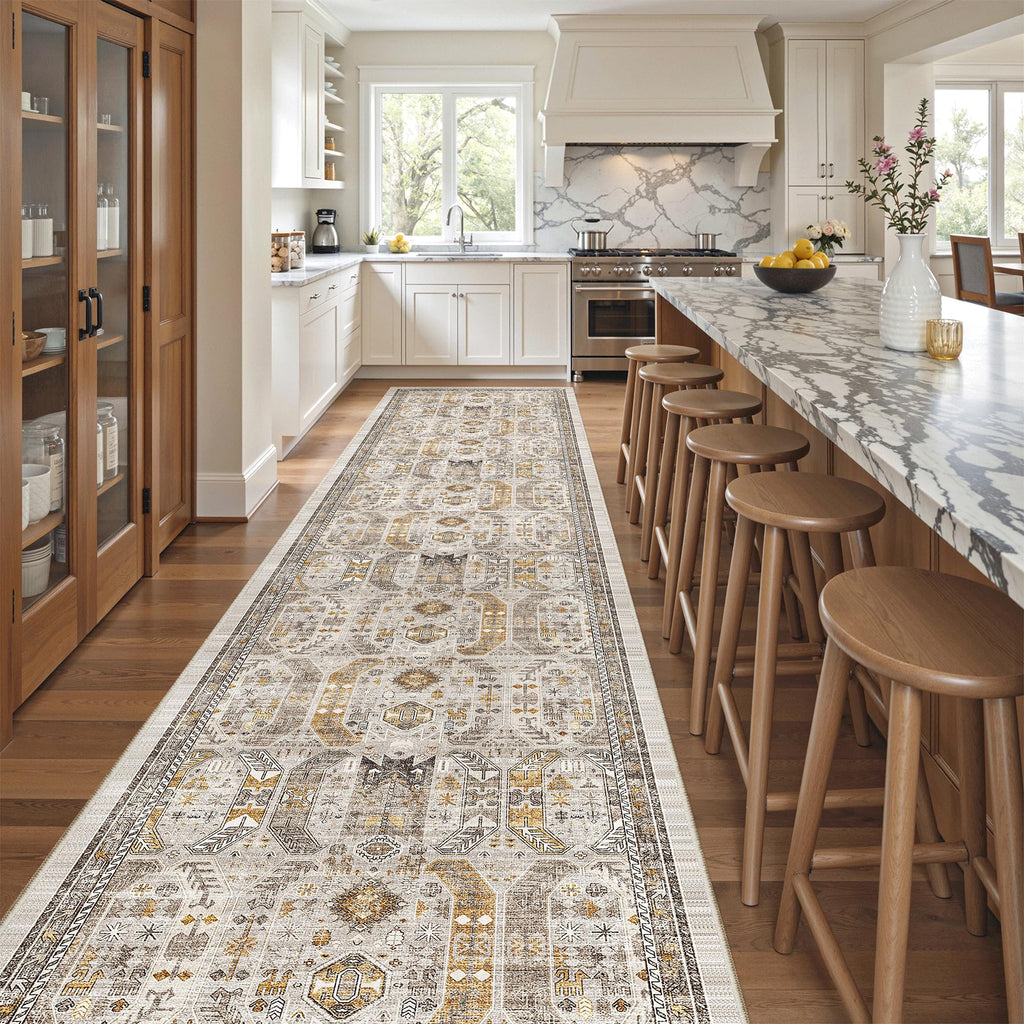 Hallway Runner Rug Washable Kitchen Runners Long, Brown/Gold