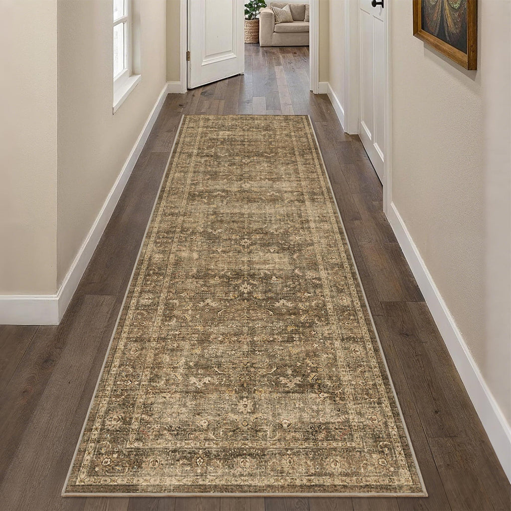 2.6x8 Washable Kitchen Runner Rug Non-Slip Vintage Brown Throw Carpet