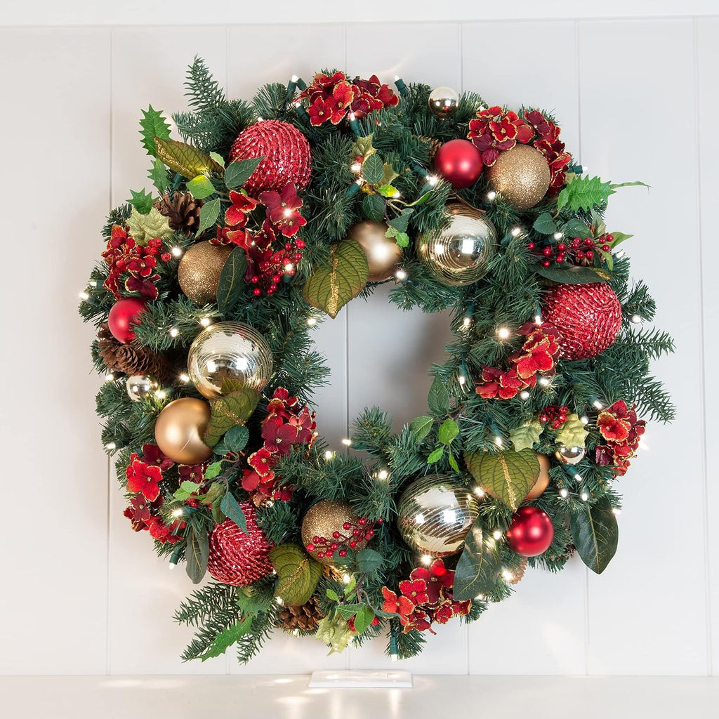 30 Inch Pre-Lit Artificial Christmas Wreath, Scarlet Hydrangea