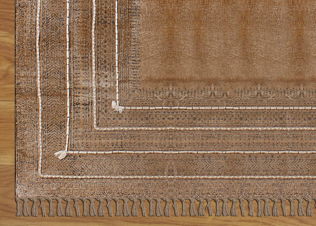 Area 5' Square Bronze & Black Cotton Dhurrie Bordered Thick 0.19 inches Stone Easy Washable Hand Wash Cotton Carpet