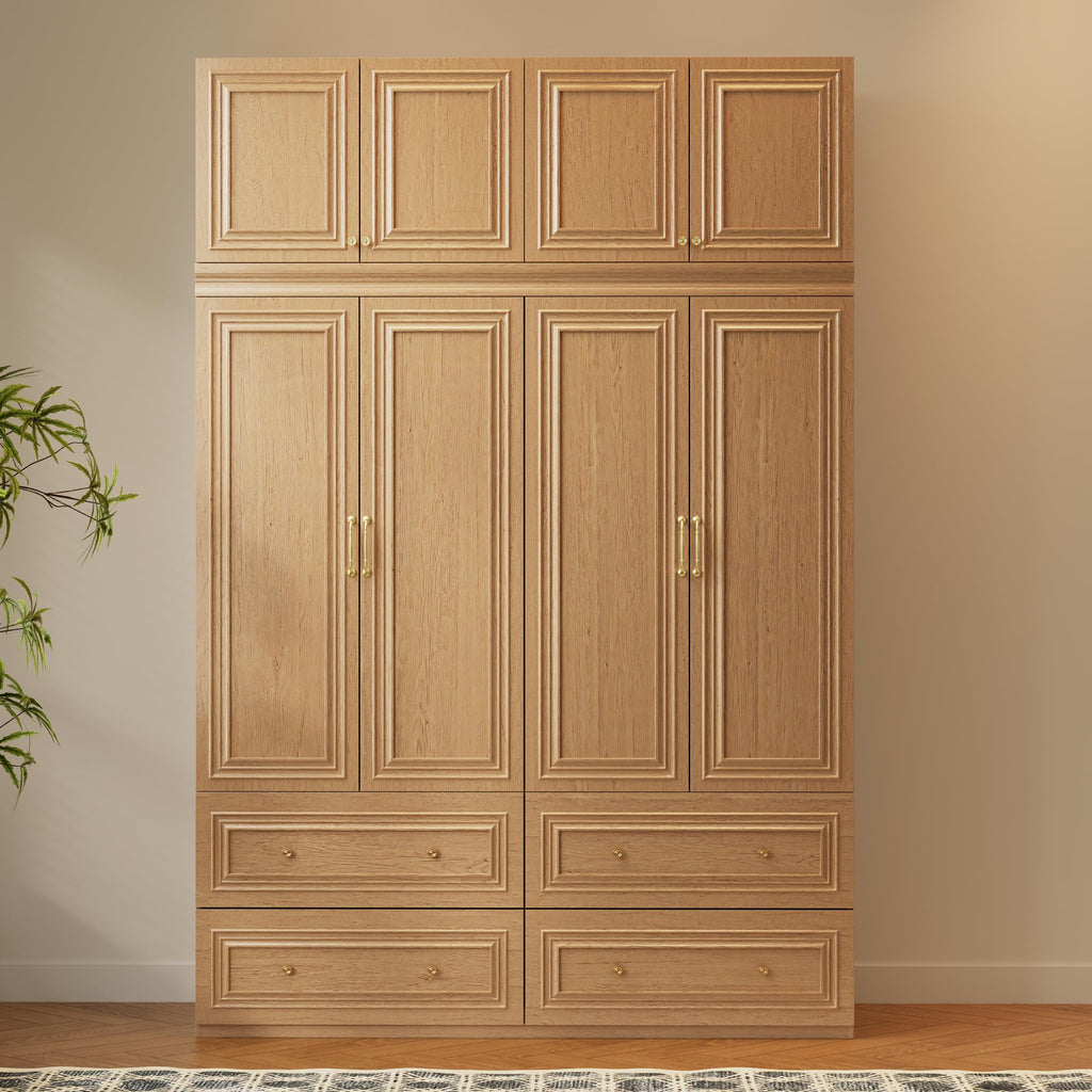 Rustic Wardrobe Closet with 4 Door, Big Armoire Wardrobe Closet with Hanging Rod/4 Drawer, Tall/Heavy Closet