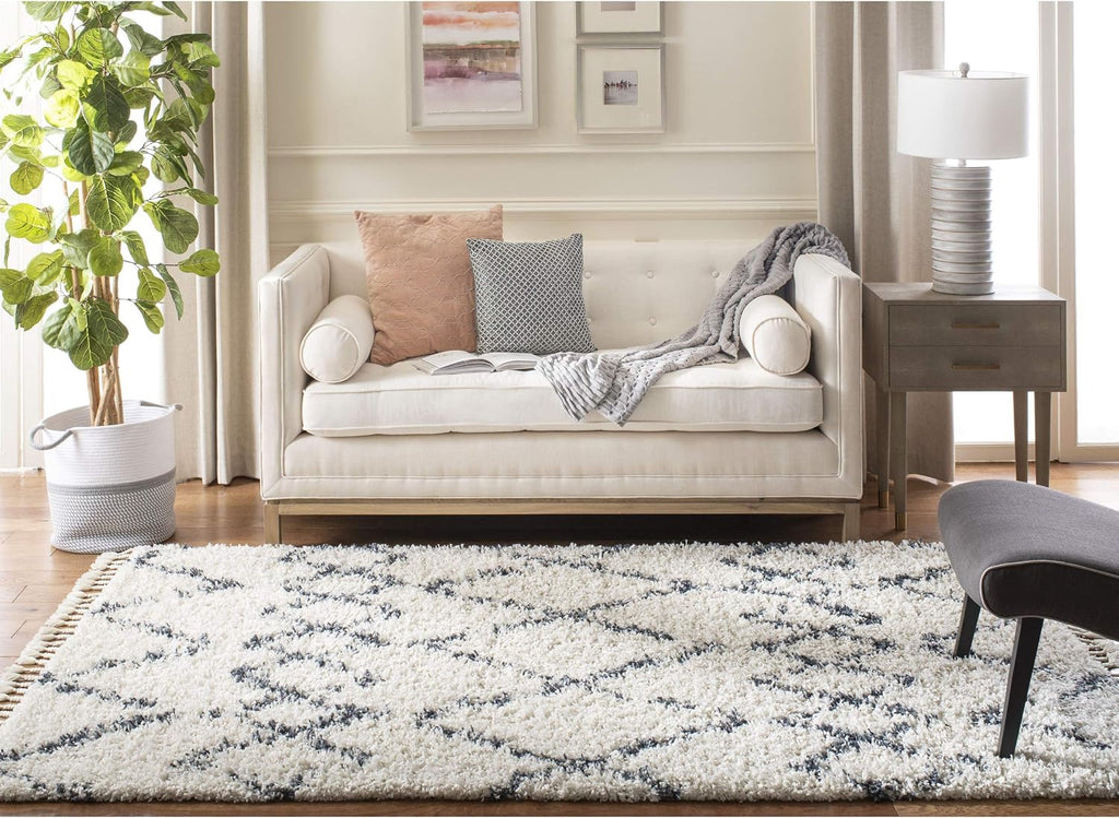 Pro Luxe Shag Collection Area Rug - 5' x 8', Cream & Blue, Moroccan Boho Tassel Design, Non-Shedding & Easy Care
