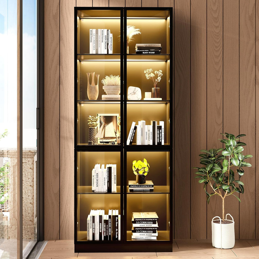 Wooden Display Storage Cabinet with Glass Door, LED Lights,Showcase for Collections, Perfume, Vinyl Albums, Bookcase