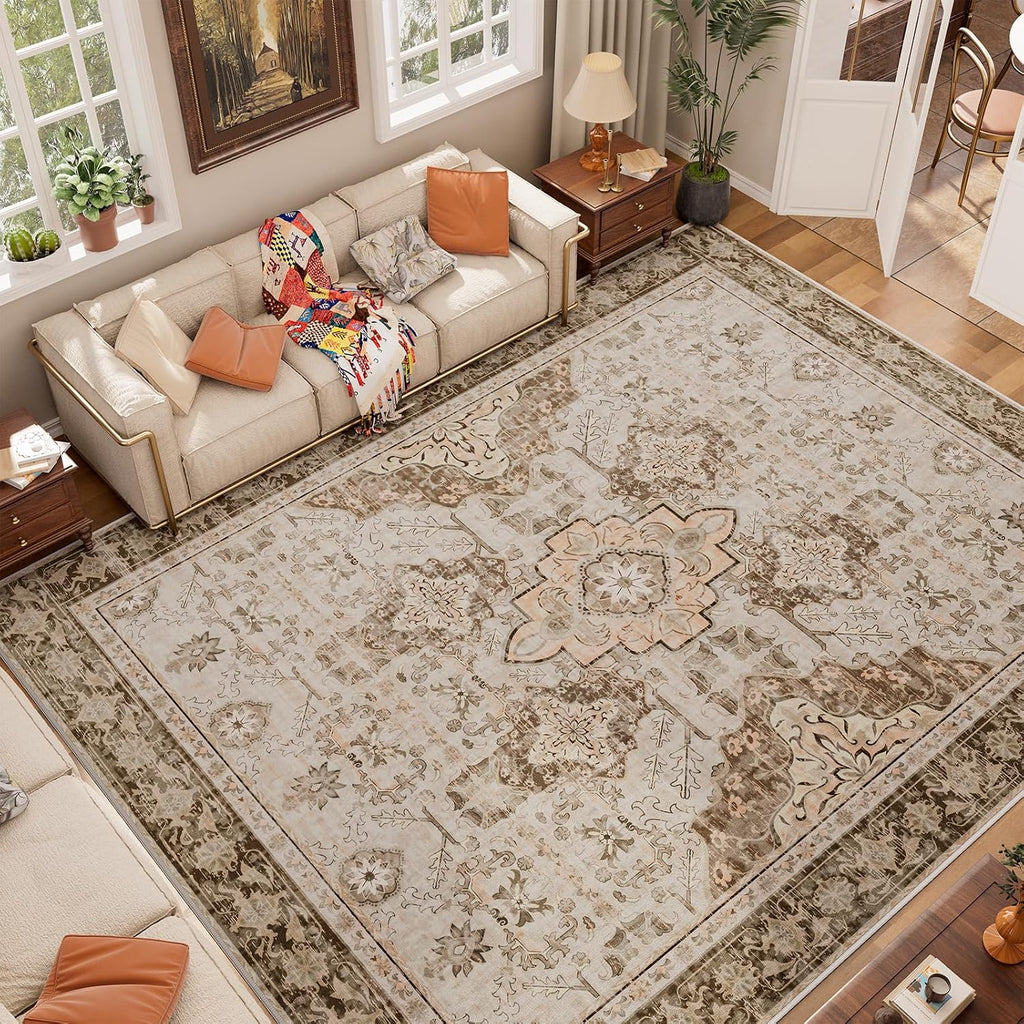 8x10 Area Rugs, Large Non-Slip Washable Rug, Boho Vintage Retro Medallion Print Pattern Carpet Dining Room Home