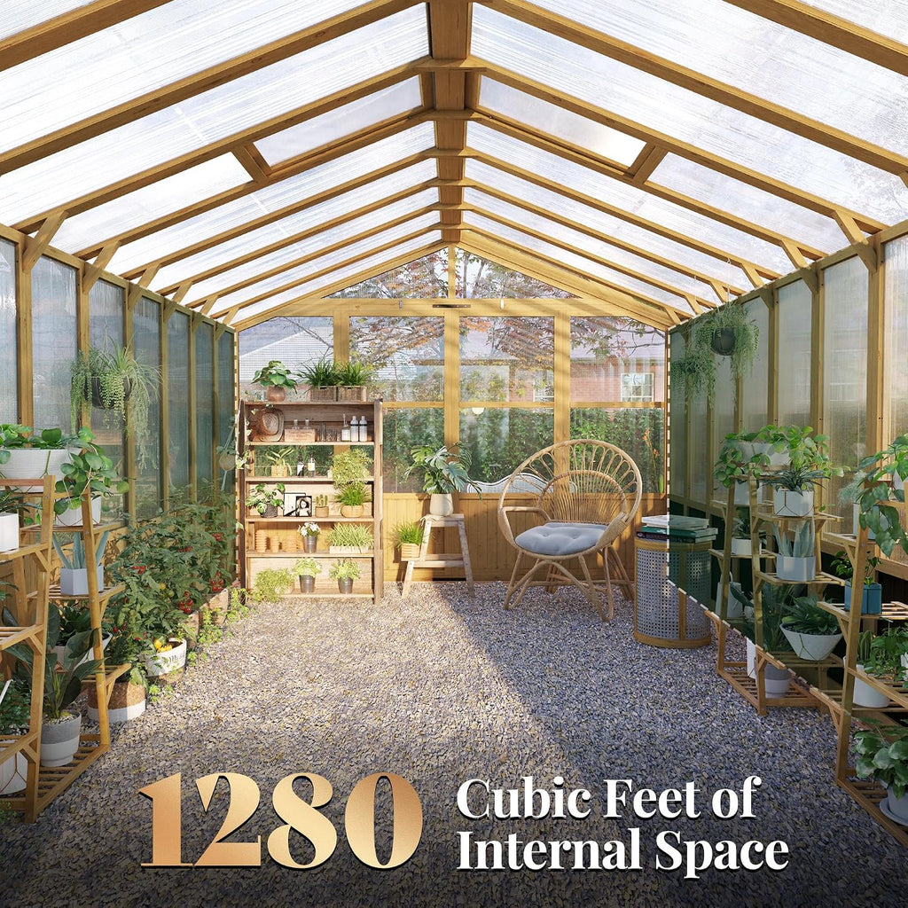 10 x 18-Ft Wooden Greenhouse | Walk-In Cedar Frame, Lockable Door, 2 Adjustable Roof Vents, Polycarbonate Panels, for