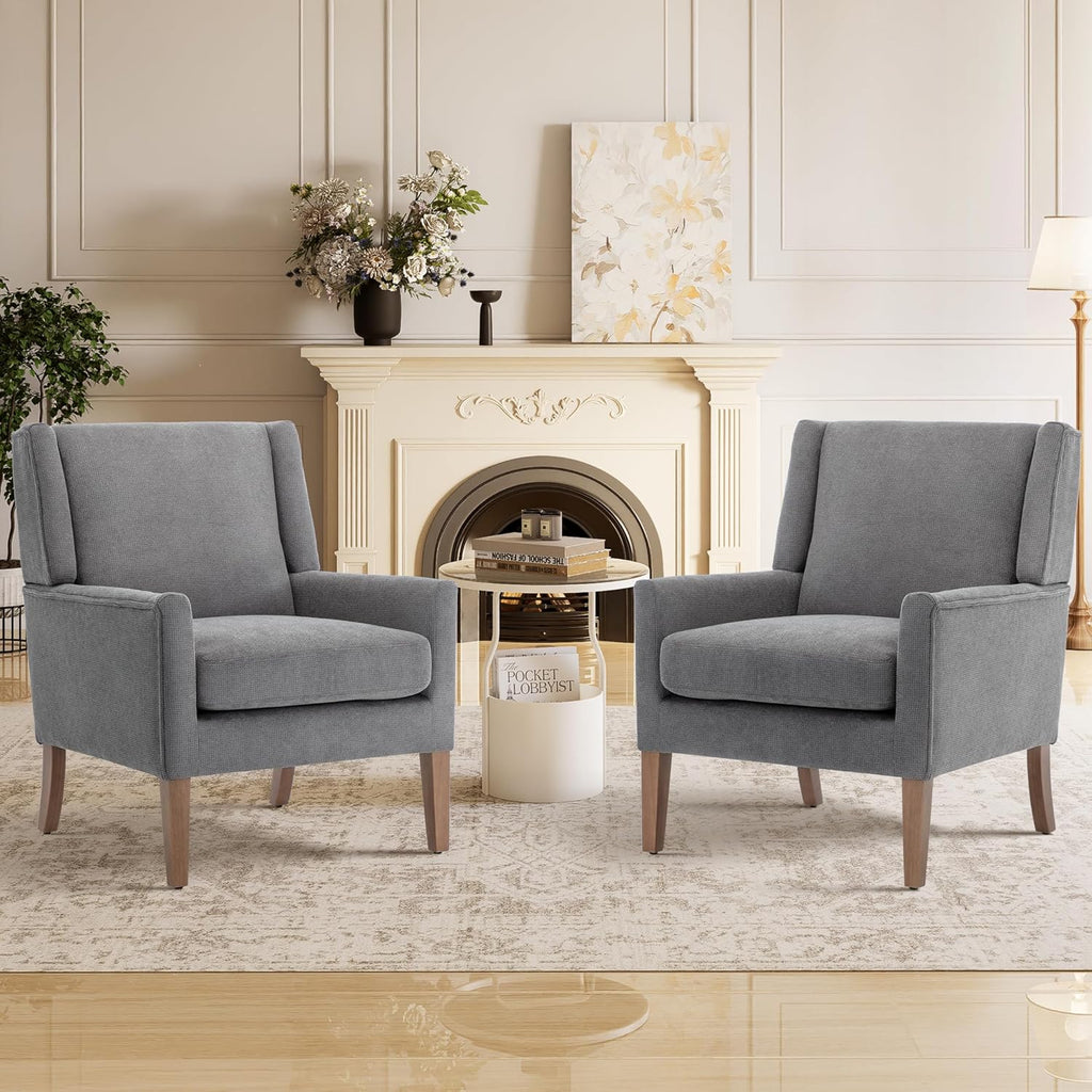 Living Room Chair, Wingback Mid-Century Accent Chair - Comfy Single Sofa with Solid Wood Legs & Velvet-Like Fabric