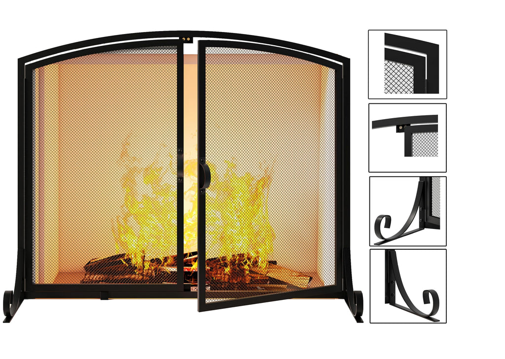 Fireplace Screen with Doors, 35" W x 28" H, Heavy Duty Solid Steel Frame, Wrought Iron Spark Guard, Baby Proof