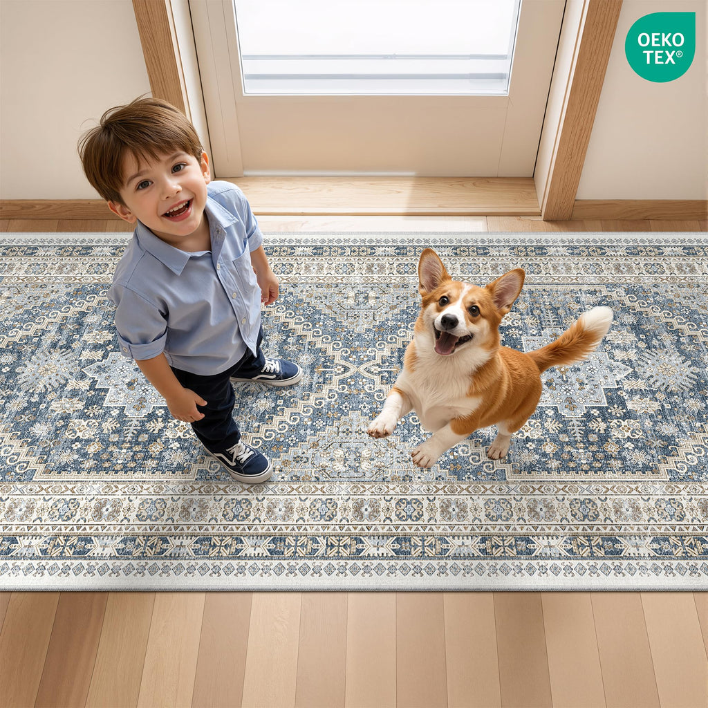 Runner Rug 2x8 Runners s Non Slip Washable, Blue/Beige