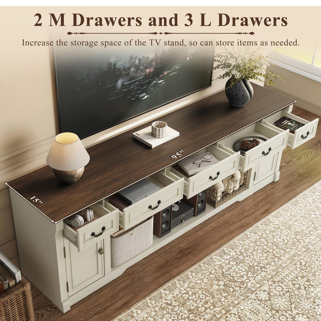 95" Large Farmhouse TV Stand, Entertainment Center for TV up to 100" White