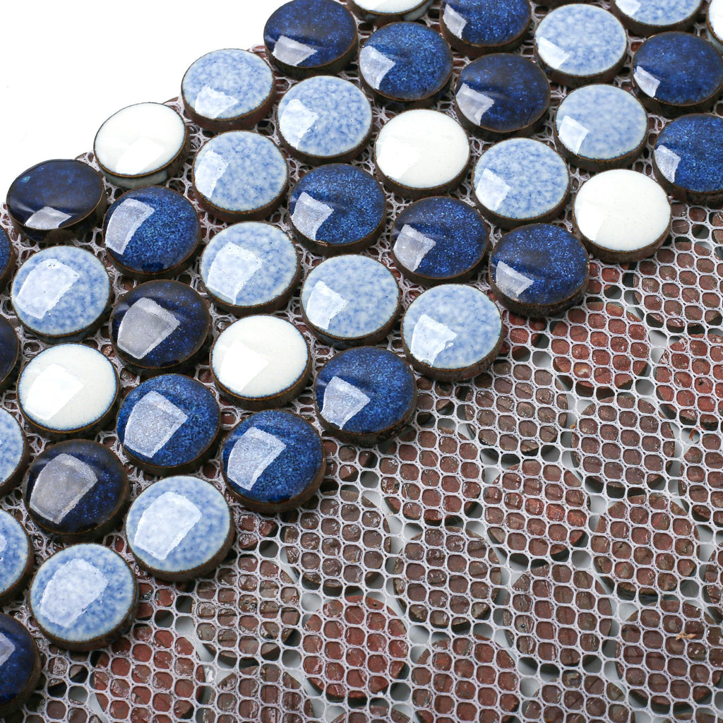 Penny Round Tile Navy Blue White Mosaic Tiles Wall Backsplash, Bathroom Floor, Accent Wall (Case of 5)