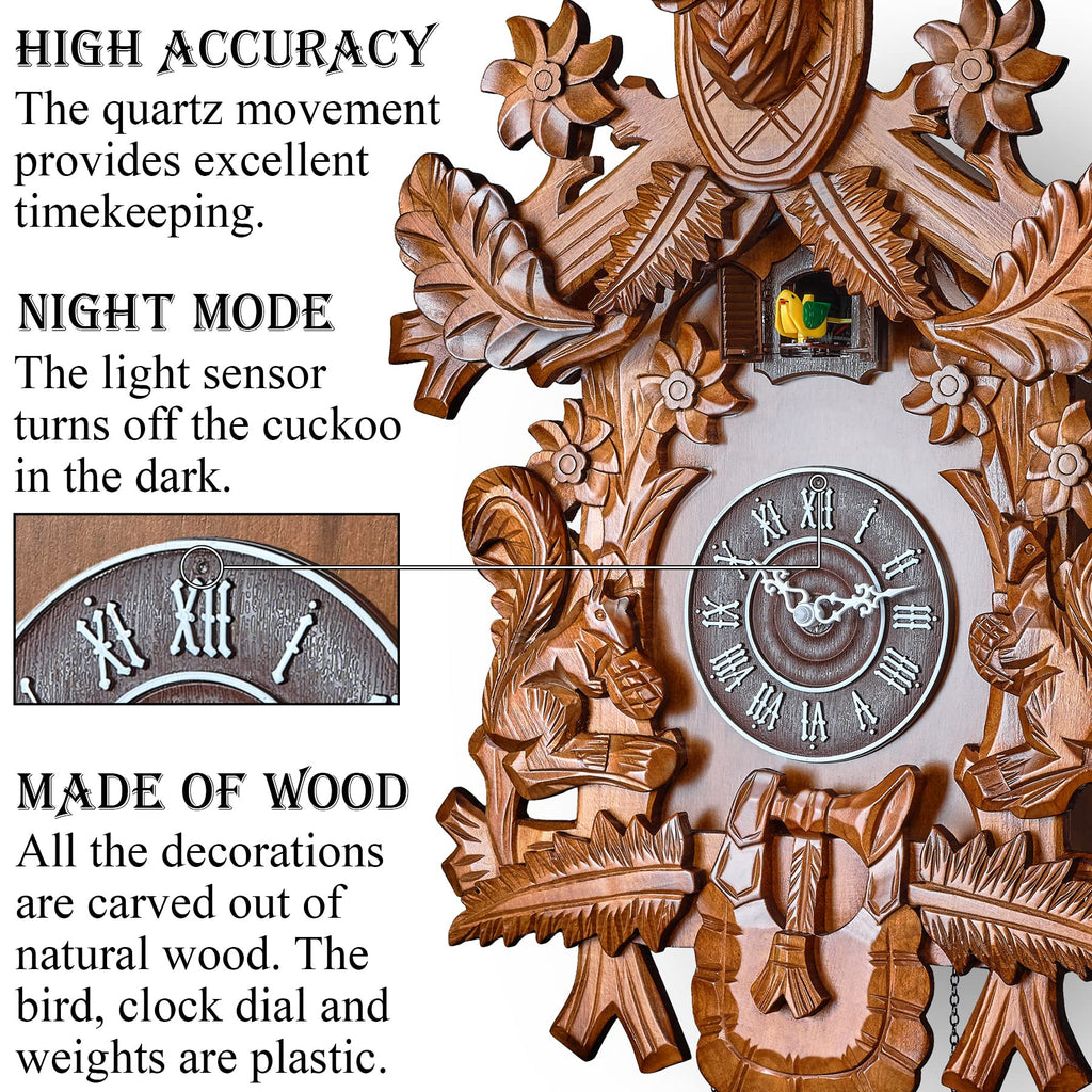 Cuckoo Clock with Automatic Night Mode, Hand Carved Deer Head and Wooden Decorations (Brown)