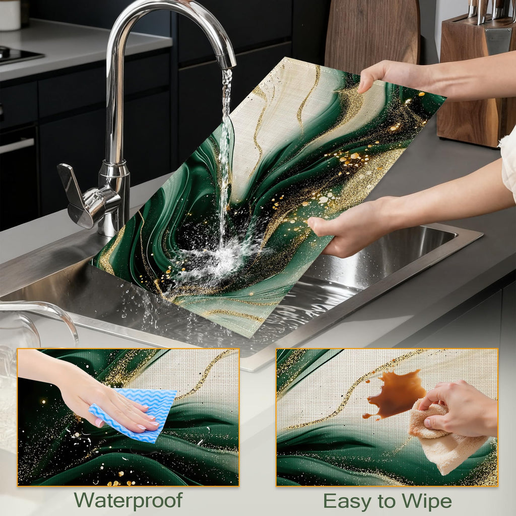 Cloth Placemats,Green Gold Marble Fabric Placemats Set of 6,Washable Modern Table Mats,Decorative Place Mats for