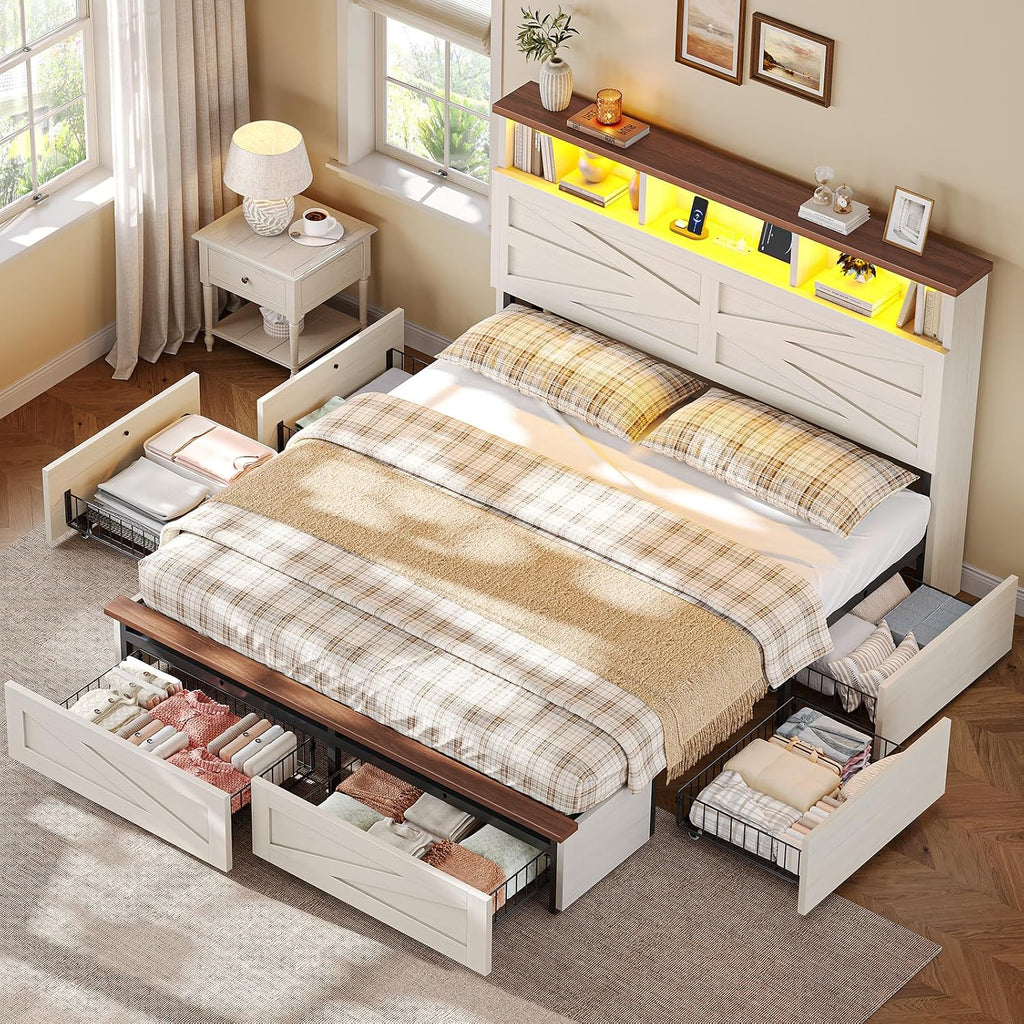 Queen Bed Frame with 6 Drawers, Farmhouse Bed Frame with Barn Door Headboard and Storage, Wood Platform Bed Frame