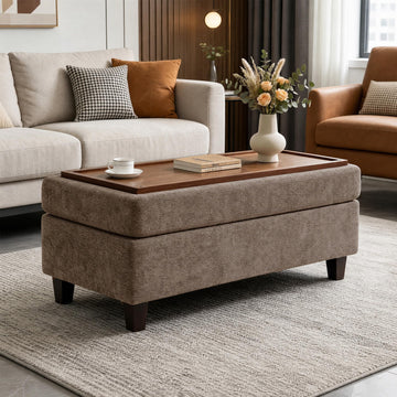 45" Ottoman Coffee Table with Storage, Reversible Wooden Tray Top, Large Storage Ottoman Bench, Chenille Upholstered
