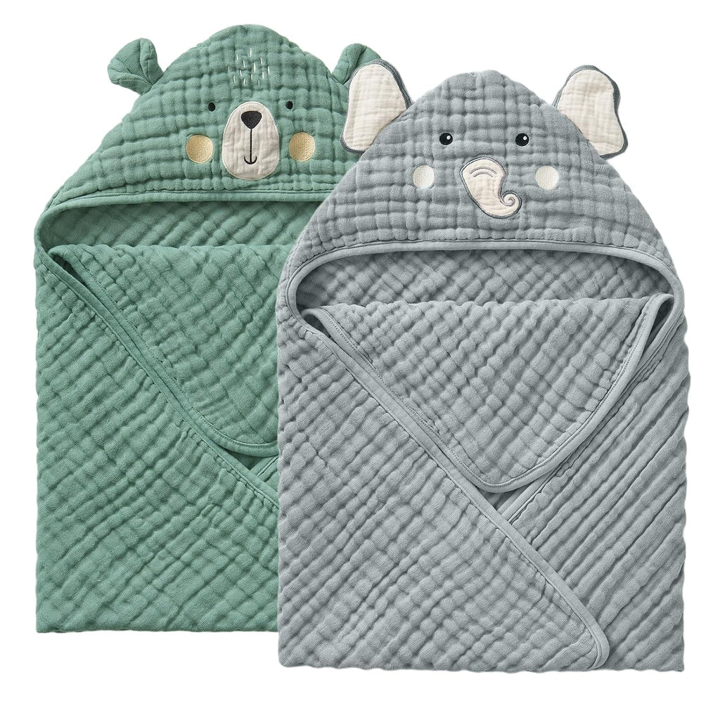Muslin Baby Hooded Towel 2 Pack, Soft & Absorbent Bath Towel for Infant, Toddler, Unisex, Baby Gift, Newborn