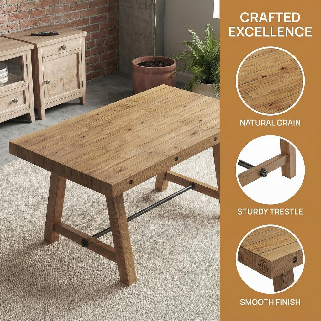 Rustic Dining Table for 4-6 People, 59" Farmhouse Rectangular Kitchen Table, Reclaimed Solid Wood Dining Room Table