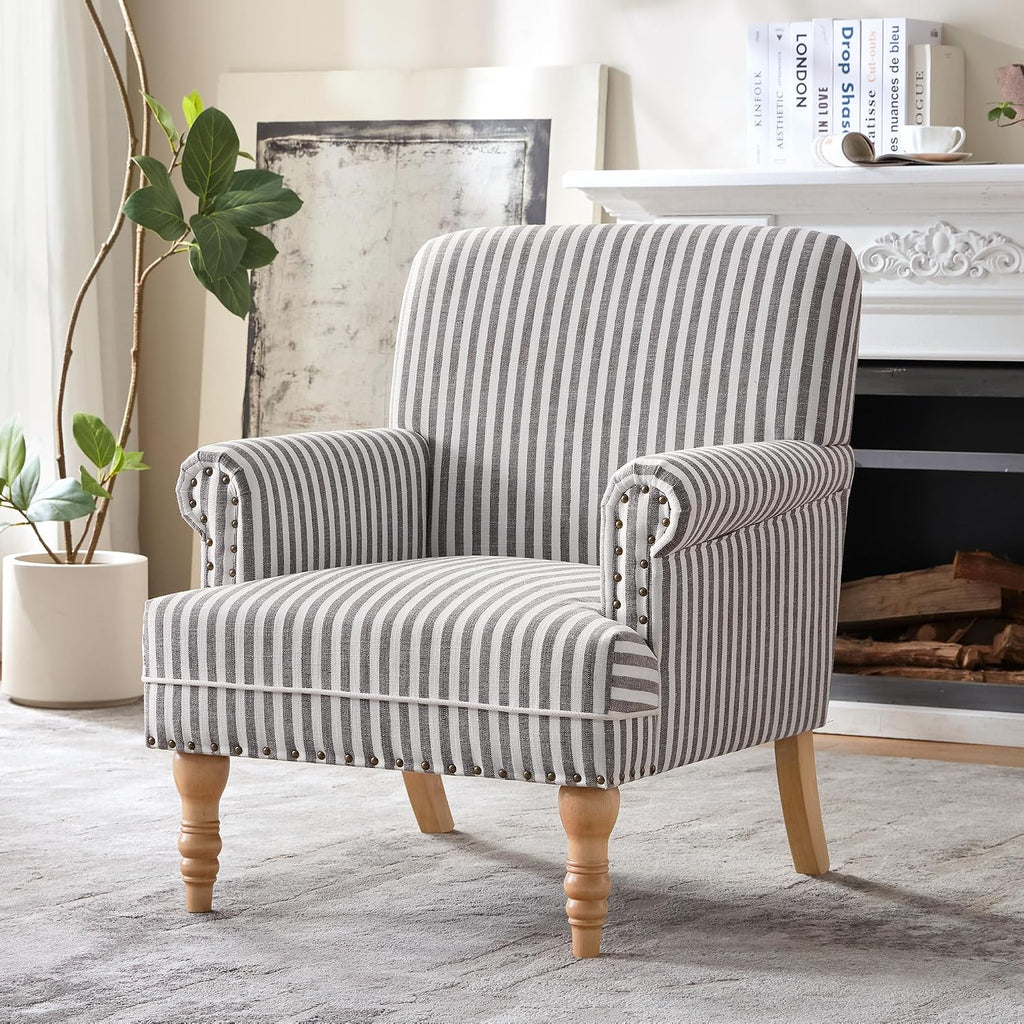 Linen Fabric Accent Chair, Mid-Century Modern Upholstered Armchair with Solid Wood Legs, Comfy Reading Club Chair
