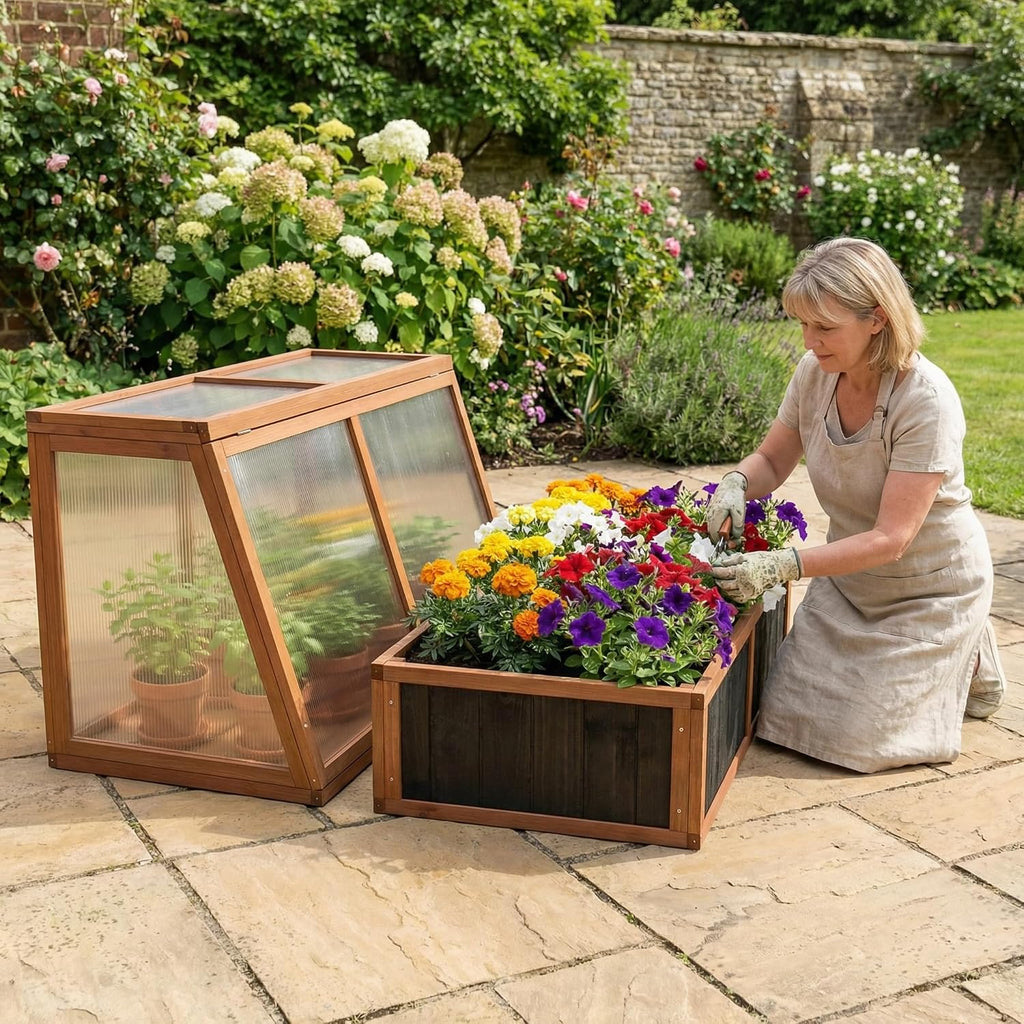 Wooden Cold Frame Greenhouse, Garden Solid Wood Greenhouse Cabinet with Transparent Flip, Raised Flower Plants Shelf