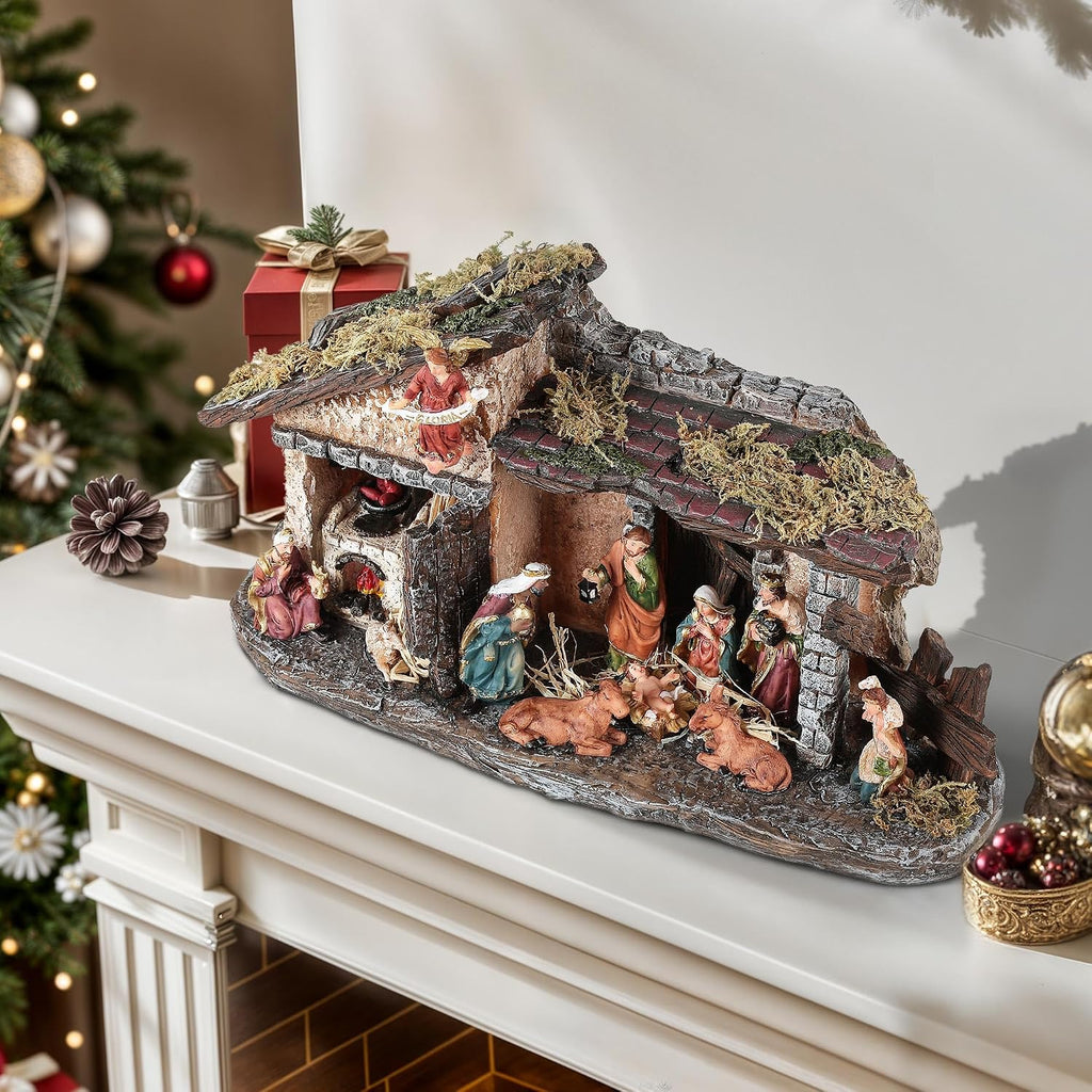Nativity Scene Set with LED Lights,15.3" Resin Holy Family Character Stables Sculpture Manger Figurine for Indoor