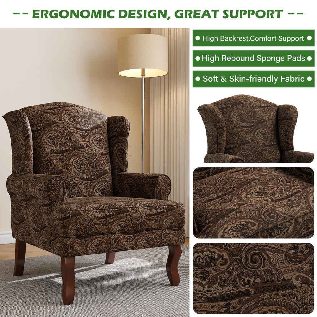 High Back Accent Chair, Fabric Pattern Wingback Armchair, Cranberry