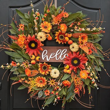 24 Inch Artificial Fall Wreaths for Front Door Outside with Hello Sign''