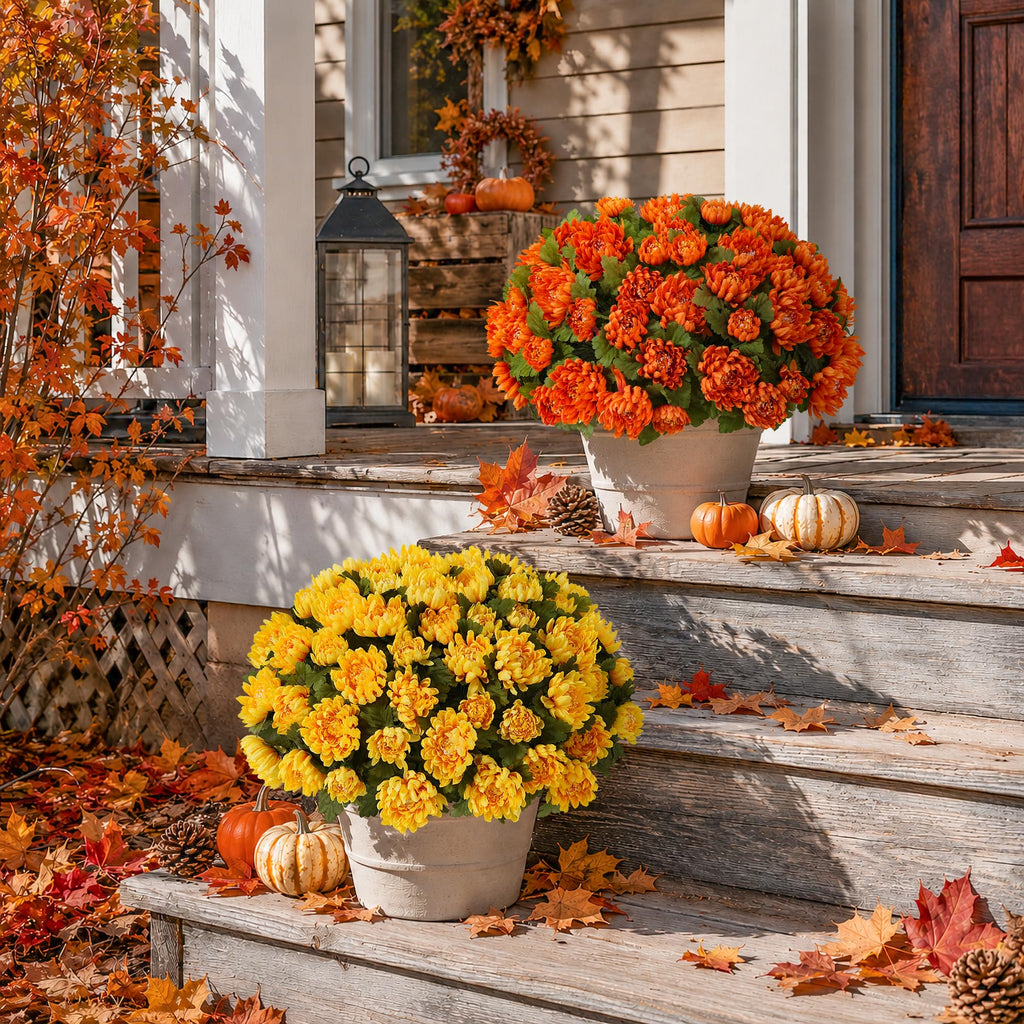 2 Bundles Artificial Fake Mums Flowers for Outdoor, 48 Heads Faux Purple Silk Chrysanthemum Bouquets with Long Stems