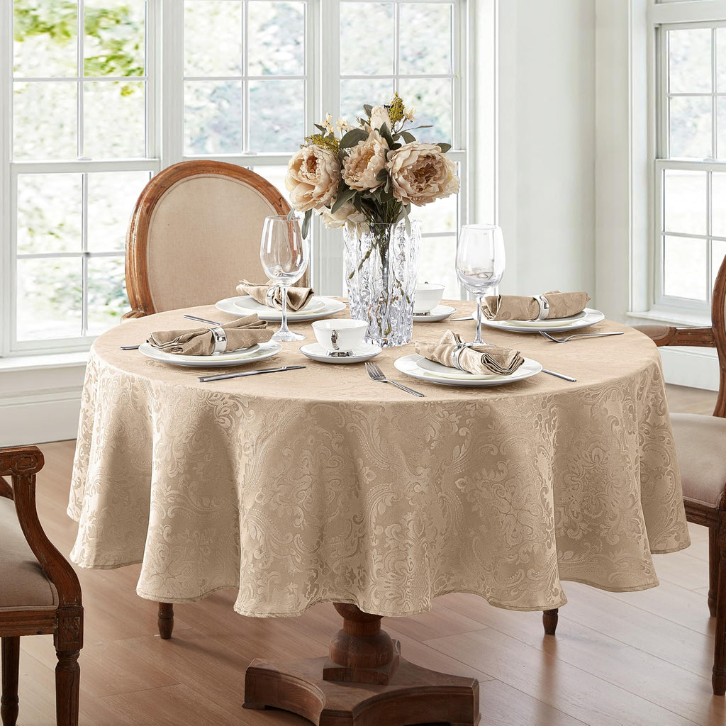 Caiden Elegance Damask Tablecloth, Taupe - 70" W x 70" L Round