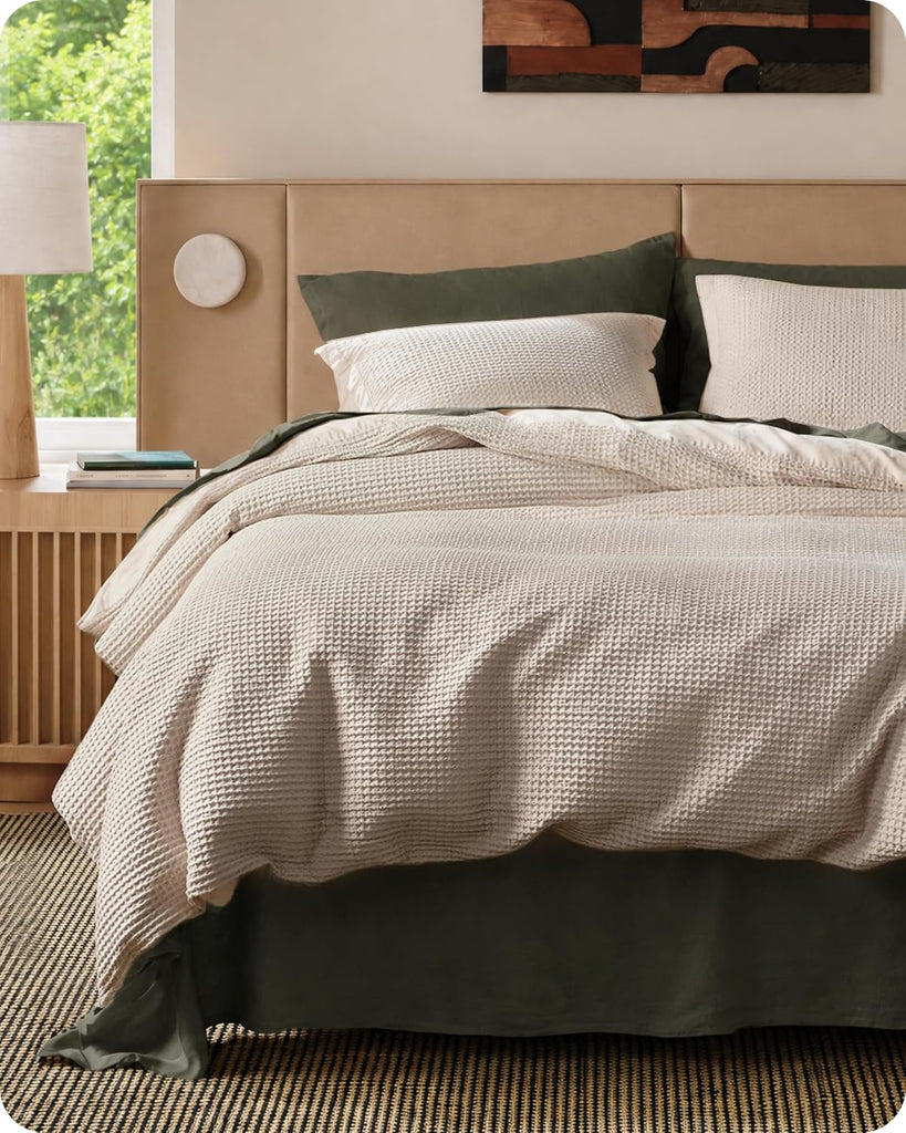 Cotton Duvet Cover King - 100% Cotton Waffle Weave Linen Color Duvet Cover, PureWoven Breathable King Bedding Set for
