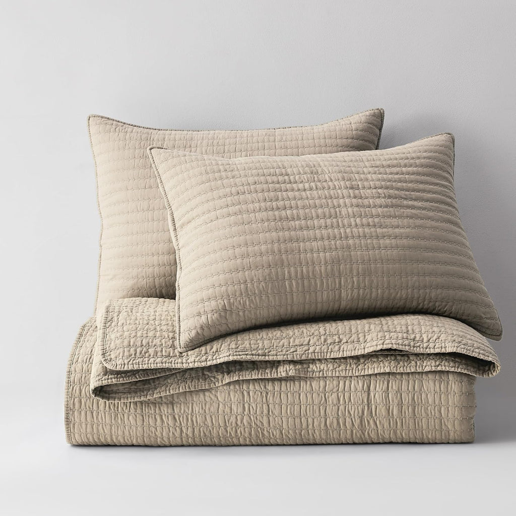 100% Cotton Queen Quilt Set - Beige Neutral Striped Pick Stitch Soft Lightweight Bedspread, Textured Like Linen