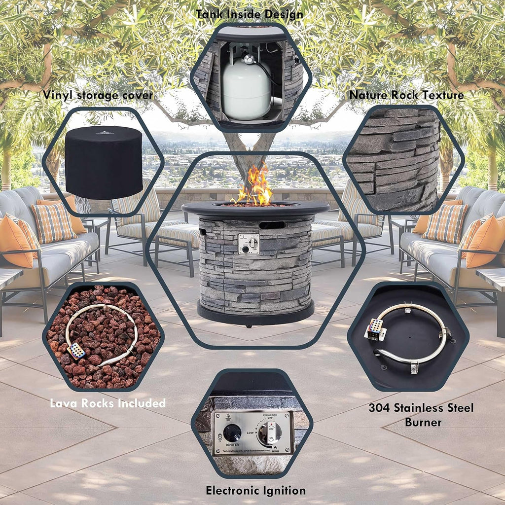 32-Inch Outdoor Porcelain Tile Gas Fire Table, 50,000 BTU Round Propane Fire Pit Table, Concrete Composite Firepit Base with Lid and Rocks