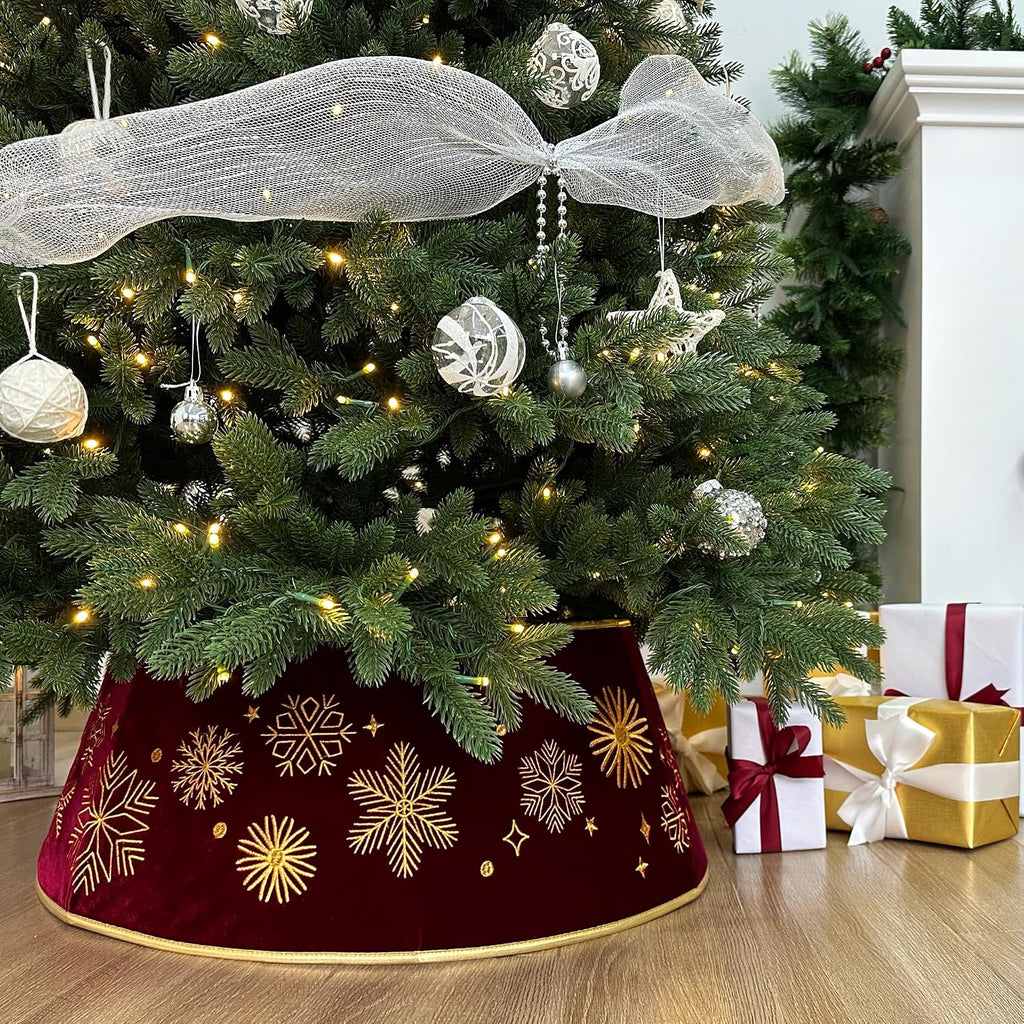 28-Inch Velvet Burgundy Christmas Tree Collar with Embroidered Snowflakes, Foldable Tree Ring Base Cover for 5-7 ft