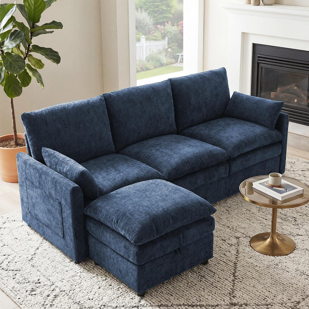 25" Chenille Ottoman, 9.5" Thick Cushion, Upholstered Footrest Modern Footstool & Bench , Blue