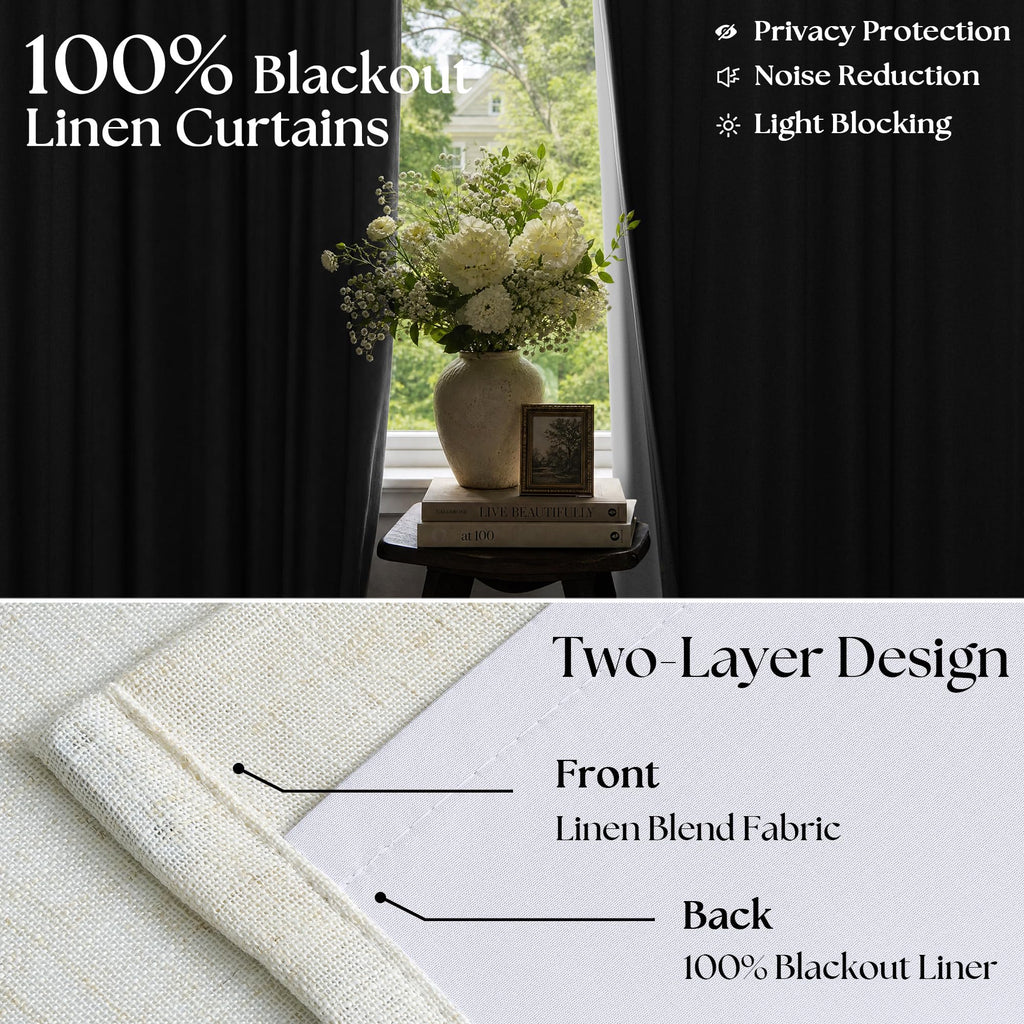 Birch Pinch Pleated Linen Blackout Curtains 86 Inch Length 2 Panels Thermal Insulated Full Blackout Dual Layer Drapes