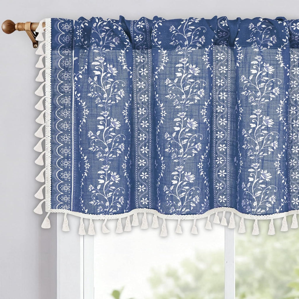 Boho Valance Curtains Vintage Linen Blue Kitchen Valances for Windows Light Filtering Bohemian Floral Valance Rod