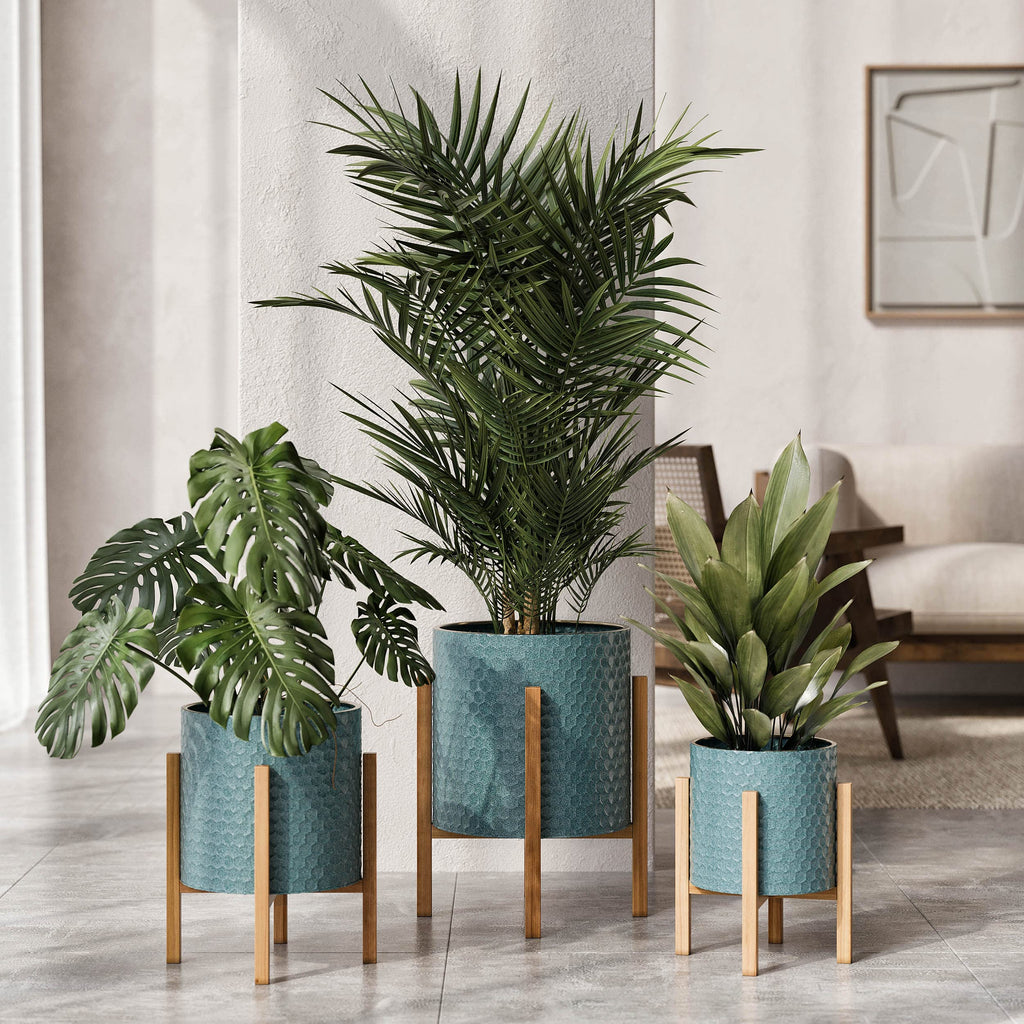 Mid-Century Modern Rhys Honeycomb Embossed Planter Pot with Kinsley Wood Stand, Metal Indoor Plant Pots, Blue Green