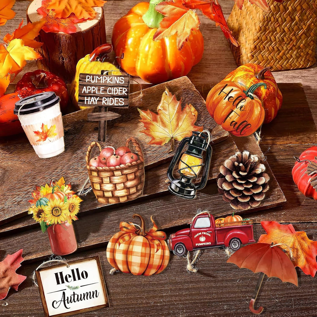 Wooden Fall Ornaments for Tree Thanksgiving Decorations,12 Styles Harvest Ornament Vintage Pumpkin Maple Leaf - Set of 36