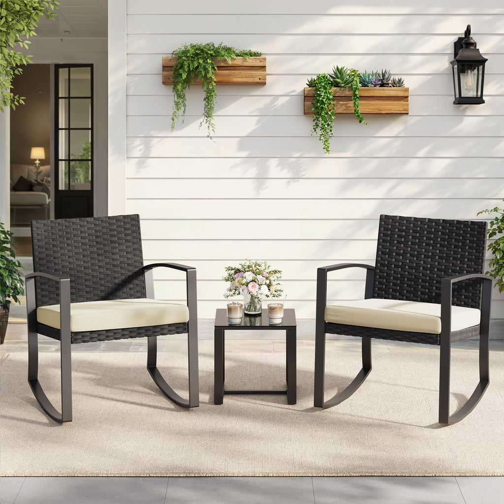 3 Pieces Porch Furniture Set Patio Rocking Bistro Set Outdoor Patio Chairs Rattan Conversation Sets with Coffee Table