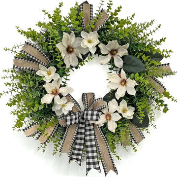 24 Inch Artificial Magnolia Wreath for Front Door - Farmhouse Boxwood Greenery Wreath with Buffalo Plaid Bow