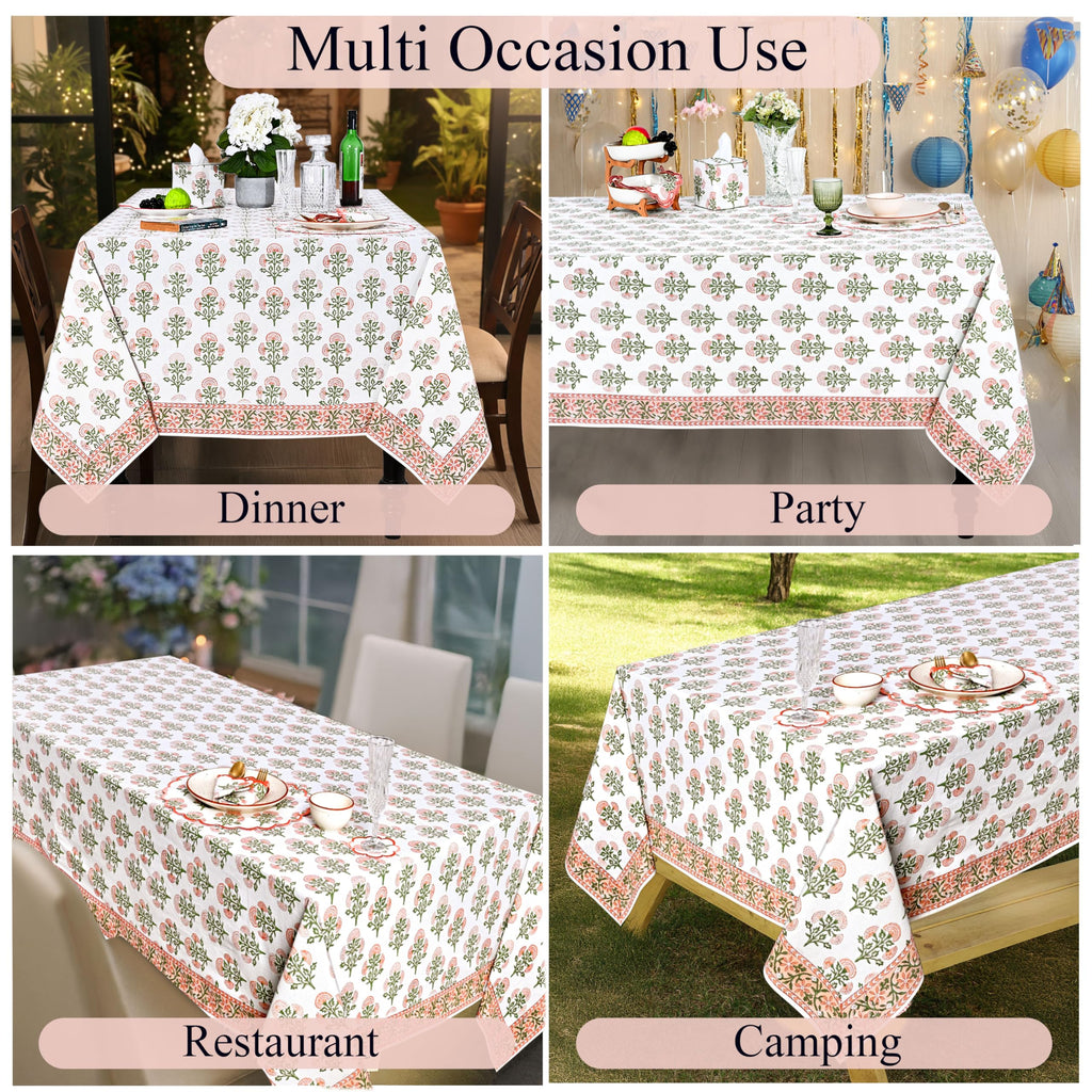 Mughal Buta Peach Hand Block Print Rectangle Tablecloth 108x70 Inch