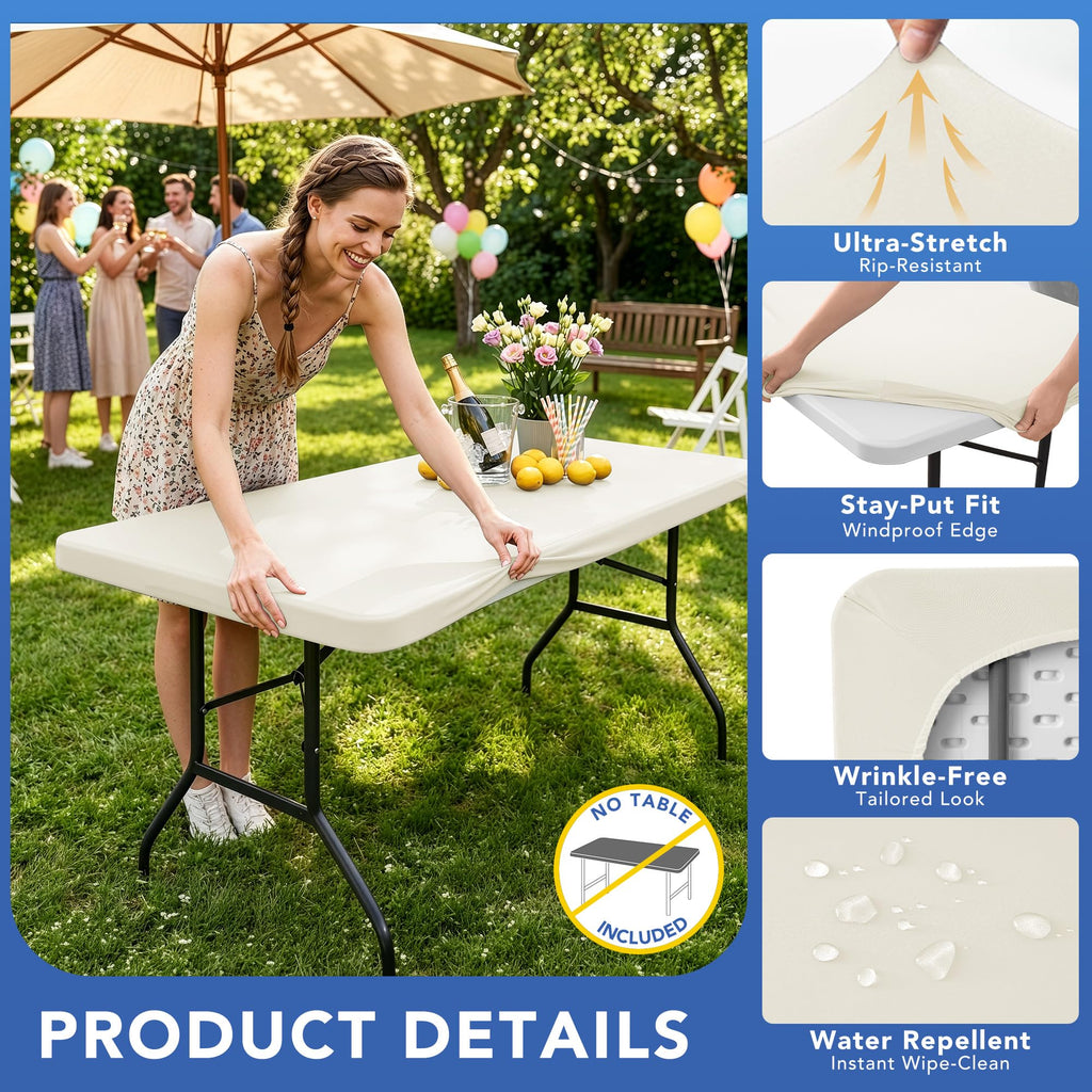 Fitted Tablecloth for 8 Foot Rectangle Tables-Cream Picnic Table Cover