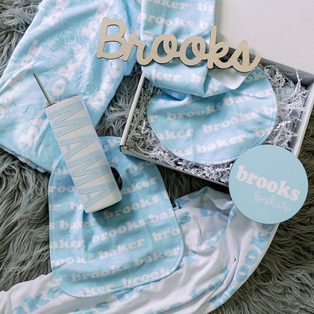 Personalized Baby Gift Set - Luxury Piece Welcome Bundle with Custom Monogrammed Ultra-Soft Baby Blanket, Feeding