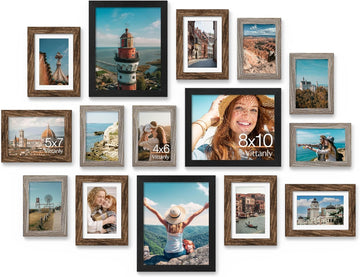 15 Pack Gallery Wall Frame Set, Black, Brown, Dark Grey | Picture Frames Collage Wall Decor: 3pcs 8x10, 6pcs 5x7