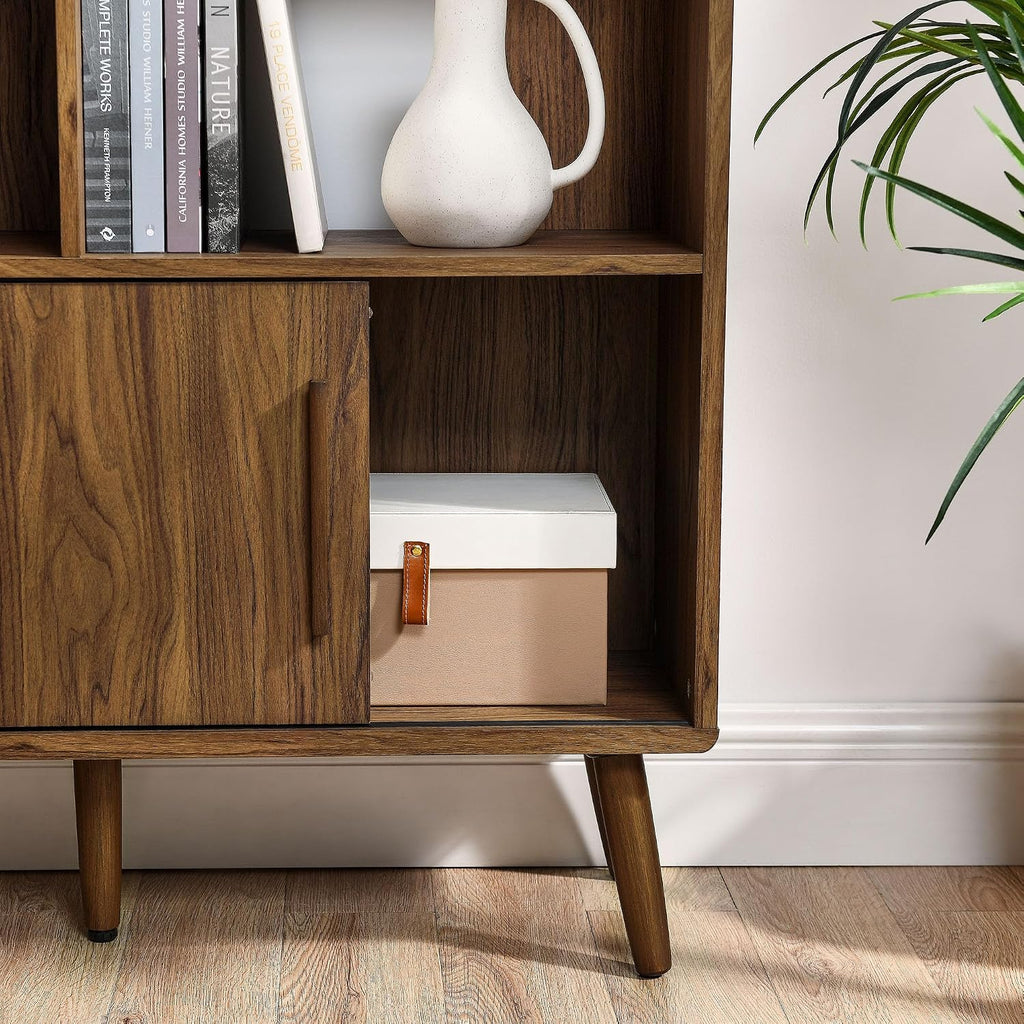 Transmit 14 Shelf Bookcase with Sliding Doors in Walnut - 59 Inch Wood Mid-Century Modern Bookshelf - 4 Tier Wide