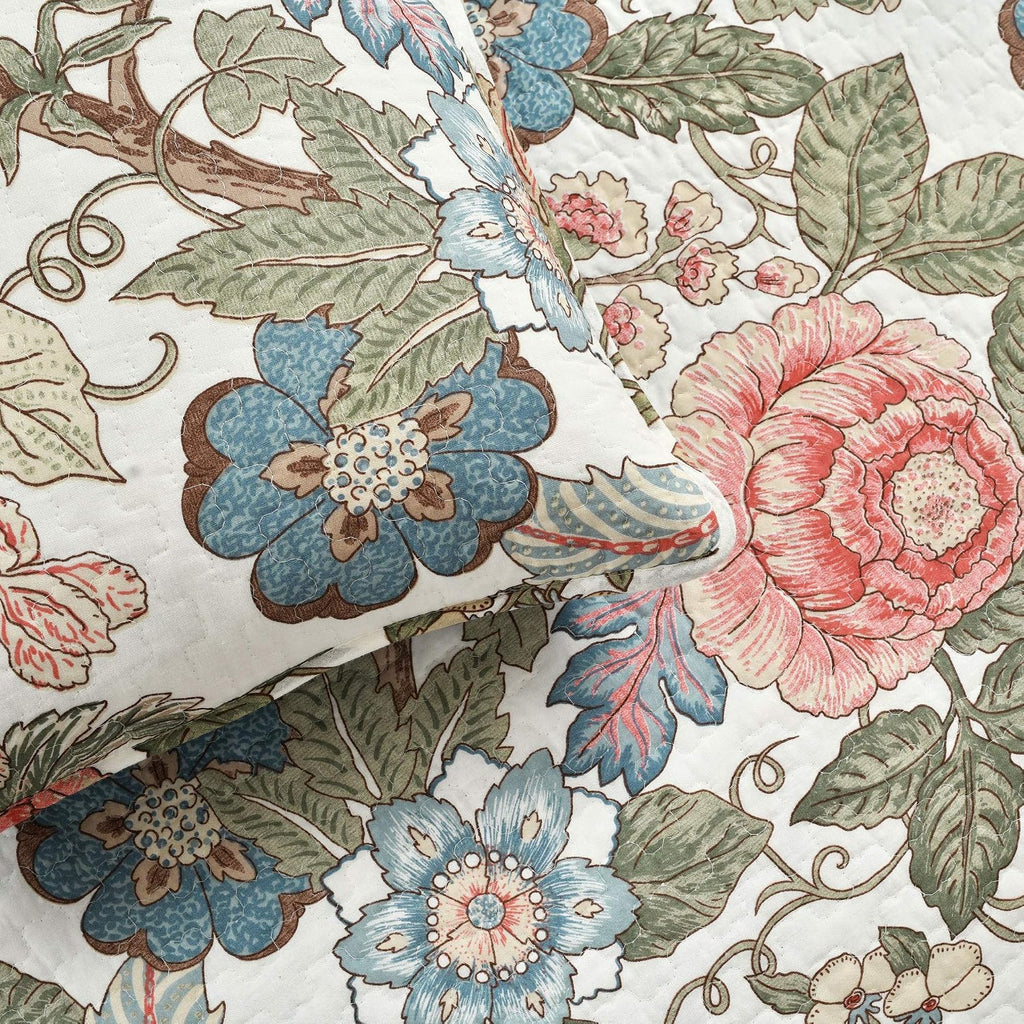 Reversible Cotton Quilt Set, 3 Piece Set, Full/ Queen, Green & Blue - Cotton Bedding Set - Blue Floral Quilt