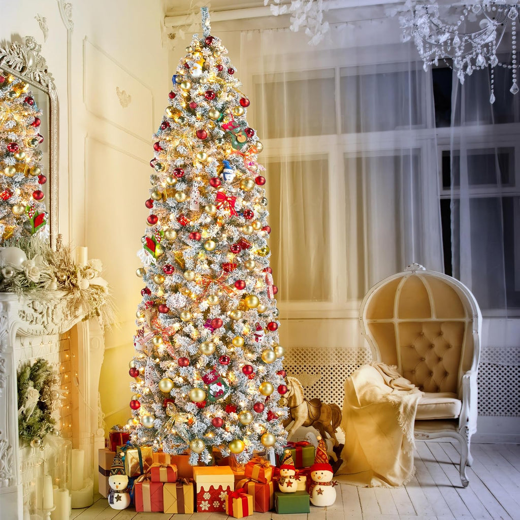 Pre-lit Snow Flocked Pencil Christmas Tree, Green & White