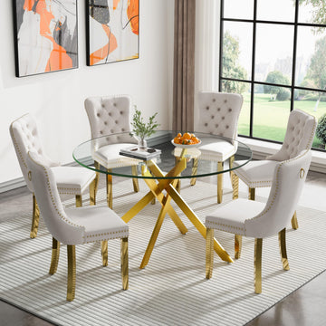Round Dining Table Set for 6, Modern Glass Kitchen Table and Chairs Set of 6, 7-Piece Dining Room Table Set w/47