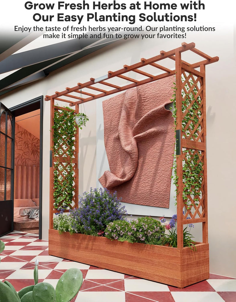 Raised Wooden Garden Bed with Trellis, Large Planter Box with Side Trellis & Hanging Roof, Weatherproof Wood Elevated